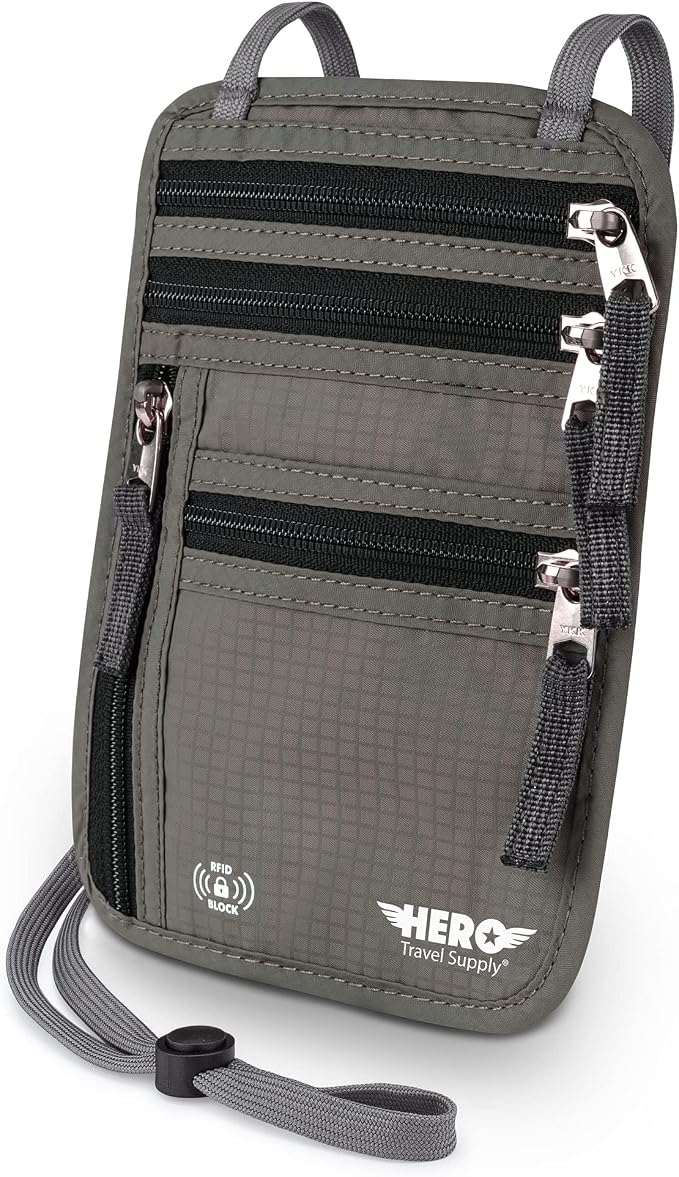 HERO Neck Wallet - RFID Blocking Passport Holder, Easy to Conceal Travel Pouch (Army Grey) by HeroTravelSupply