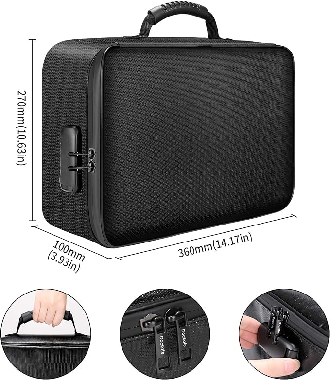 DocSafe Document Bag with Lock, Fireproof 3-Layer File Storage Box, Black | Water-Resistant Zipper, Document Safe Portable Travel Home Office Organizer Bag for Laptop,Files,Certificates, Gifts for Him - Image 4