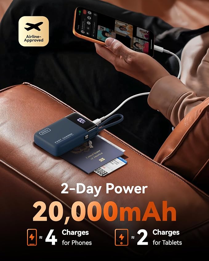INIU 20000mAh Portable Charger, Smaller 45W Fast Charging Travel Power Bank | Flight-Safe, Built in USB-C Cable, Travel Essential, Battery Phone Pack for iPhone 17 16 Pro, Samsung S26, iPad etc, Blue - Image 5