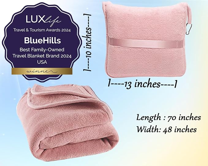 BlueHills Premium Soft Long Travel Blanket Pillow Combo – Dusty Rose Pink | Long 70x48 Travel Blanket Pillow 2 in 1, Soft Pillowcase, Backpack Clip, Compact & Portable, Large Throw Traveling Essentials - Image 5