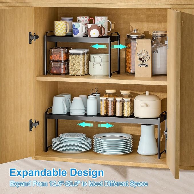 4 Pack Kitchen Cabinet Shelves Organizers, Kitchen Counter Storage Shelf Spice Rack, Expandable Length, Adjustable Height, Stackable, Sturdy 30LBS Bearing, Small Cupboard Tabletop Organizer Shelf Rack - Image 4