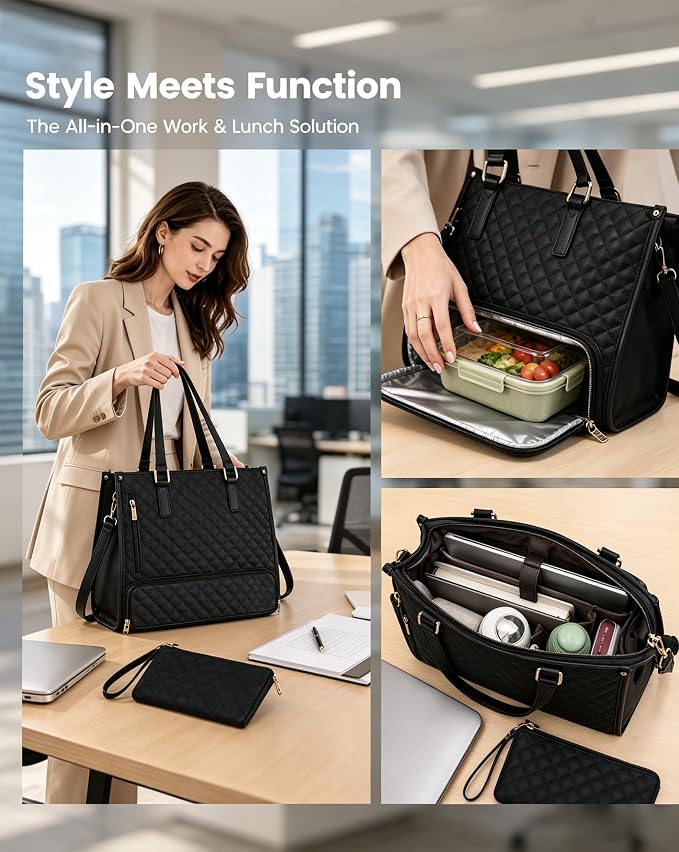 2 in 1 Tote Bag Lunch Bag Combo,Lunch Tote Bag for Women, Large Convertible Laptop Work Handbag for Women (Black) - Image 4