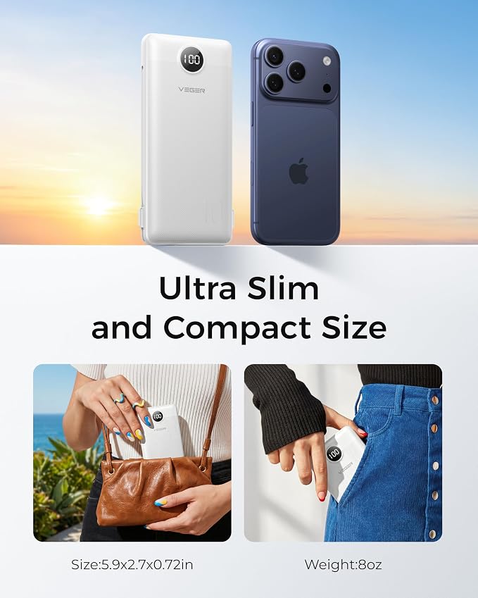 VEGER Portable Charger for iPhone, Power Bank Built in Cables and Wall Plug | 10000mAh,Ultra Slim&Compact,5 Outputs,LED Display,Flight-Safe,Travel Essentials Battery Pack for iPhone 17,iPad, Samsung,etc - Image 7