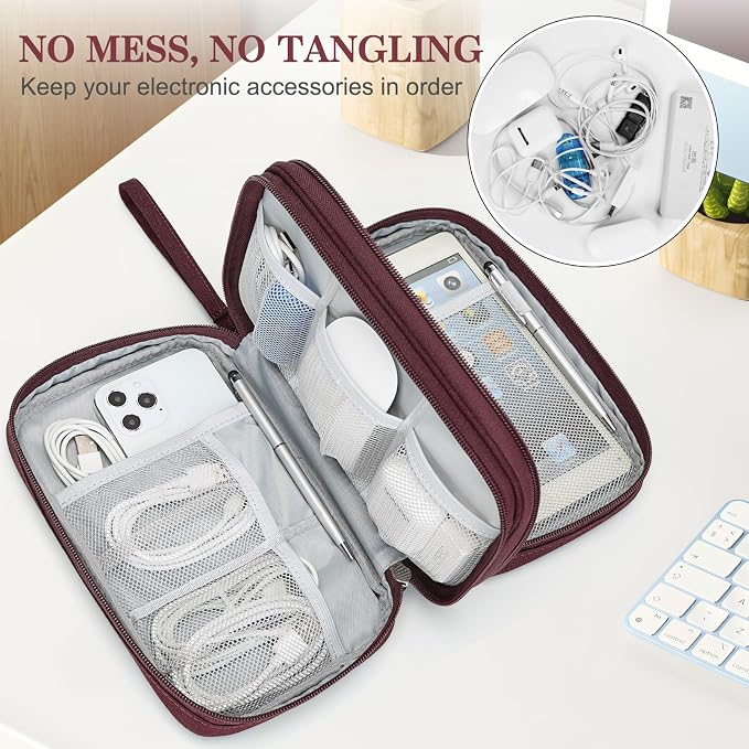 FYY Electronic Organizer, Travel Tech Pouch Bag, Large, Wine Red | Wrist Strap, Waterproof, Double Layers Portable Electronics Travel Carrying Case for Cord, Charger, Daily Business Trips Use - Image 5