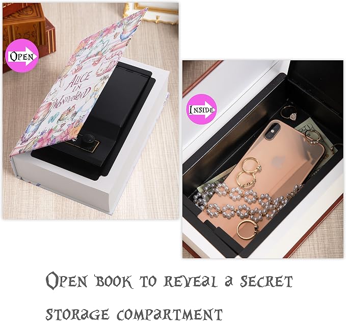 Alice in Wonderland Diversion Safe with Real Pages, Key Lock Book Safe | Hidden safe box and hollow storage compartment for cash money. Decorative book box stash case for passport savings. - Image 6
