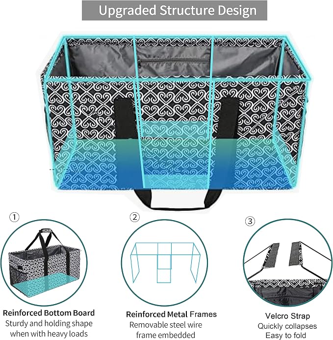 Joyfol Day Extra Large Utility Tote Bag, Reusable Grocery Bags Foldable,Upgraded Metal Frame, With Sturdy Handles Reinforced Bottom Heavy Duty Oxford Fabric Moving Shopping Bags, Heart Black - Image 3
