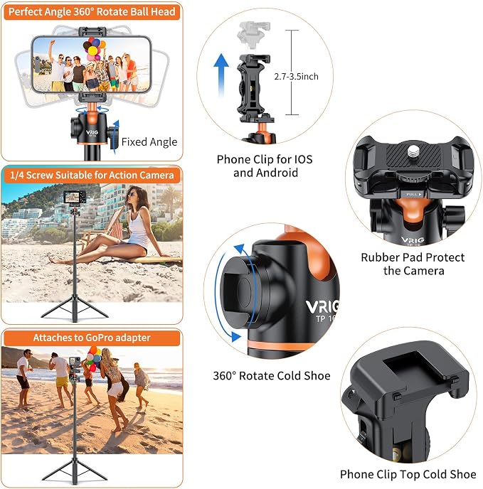 VRIG TP16 Camera Tripod, 55" Extendable Phone Selfie Stick Camera Tripod Stand with 2 in 1 Phone Clip, 5 Levels Adjustment 360° Ball Head Loads Up for DJI OSMO Pocket 4/3 Insta360 X5 iPhone Sony Canon - Image 4