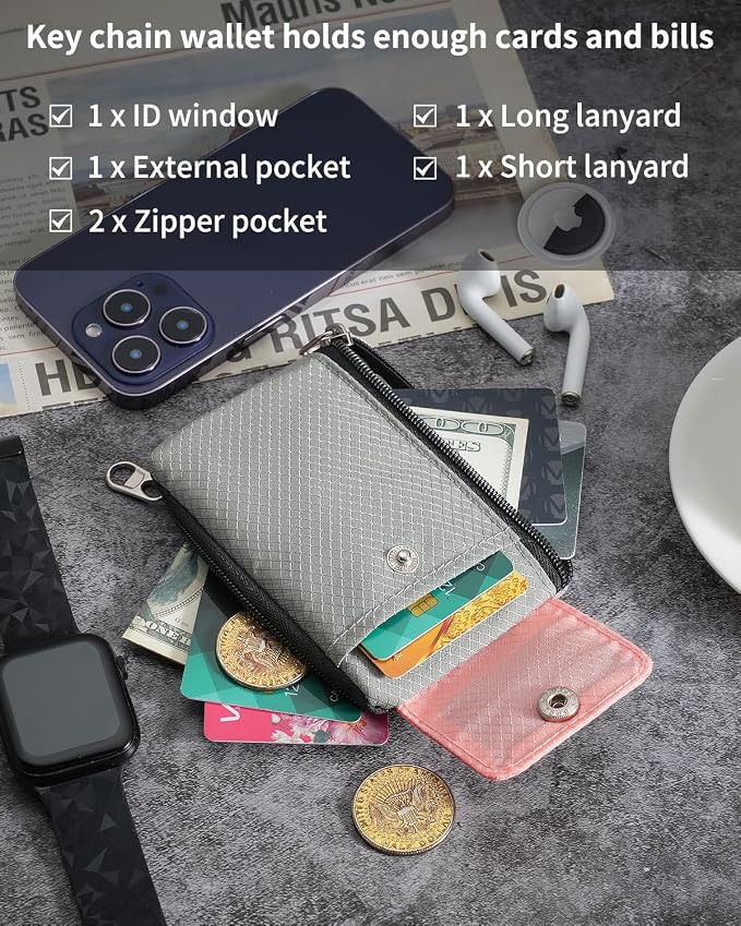 Artpaxy Minimalist Wallet For Mens Womens, Keychain RFID Blocking Zipper Small Wallet with ID Window 2 Lanyards,Water Resistant Travel Cash Card Coin Case Boys Girls - Image 6