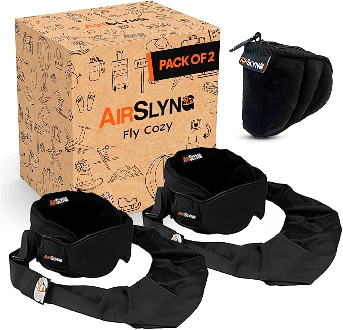 2 Pack 3-in-1 Airplane Sleep Support System - Plane Sleeping Accessories with Memory Foam Long Haul Flight Pillow, Adjustable Travel Eye Mask, and Blanket-Like Body Sling - Fits in Carry On by AirSlying
