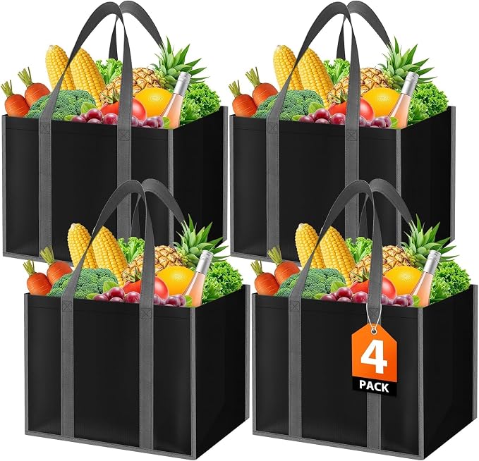 WISELIFE Reusable Grocery Bags, Foldable, Lasting Use, 35L, 4 Pack, Black | Large Shopping Bags with Reinforced Stitching, Water-Resistant Grocery Totes for Kitchen, Market, Car Trunk, Picnic by WiseLife