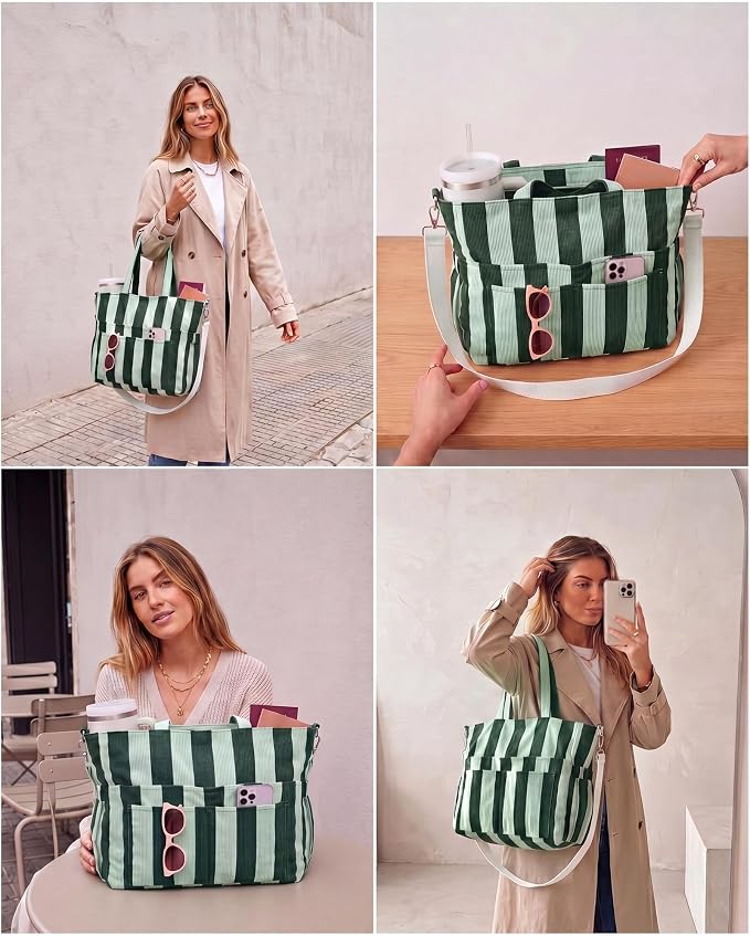 Kacctyen Striped Beach Tote Bag for Women Large Beach Foldable Tote Bag with Zipper Pockets for Travel Pool - Image 6