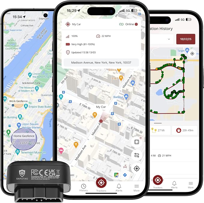 Plug - 4G LTE Car GPS Tracker, Vehicle Location Every 10-30 Seconds, Multiple GeoFences, Route Playback, Monitor Speed, Driving Behaviour, No Activation Fees, Cancel Anytime, 7 Day Free Trial by SafeTag