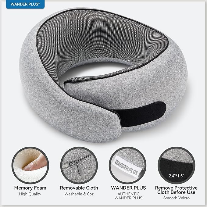 WANDER+ Travel Neck Pillow, Pure Memory Foam Neck Pillow for Airplanes, Comfortable Breathable Cover, 360 Degree Support Ergonomic Design Best for Sleeping Plane Train Travel Essentials Max Sky Blue - Image 4