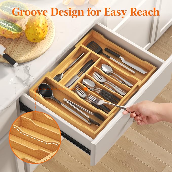 Lifewit Silverware Drawer Organizer, Wooden Utensil Tray for Kitchen | Expandable Flatware and Cutlery Holder, Adjustable Storage for Spoons Forks Knives, 10.8-18.5 x 15", Natural - Image 6
