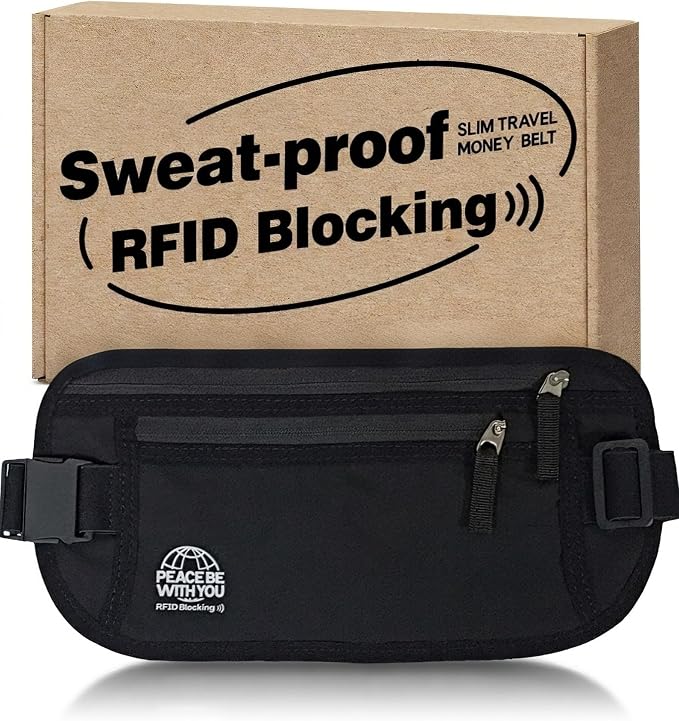 Money Belt for Travel, Passport Holder, RFID Blocking, Extender Strap | 3rd Gen Slim Waist Wallet Anti Theft to Protect Cash, Credit Cards and Document Under-Clothes for Men & Women, Black, Bamneat by Bamneat