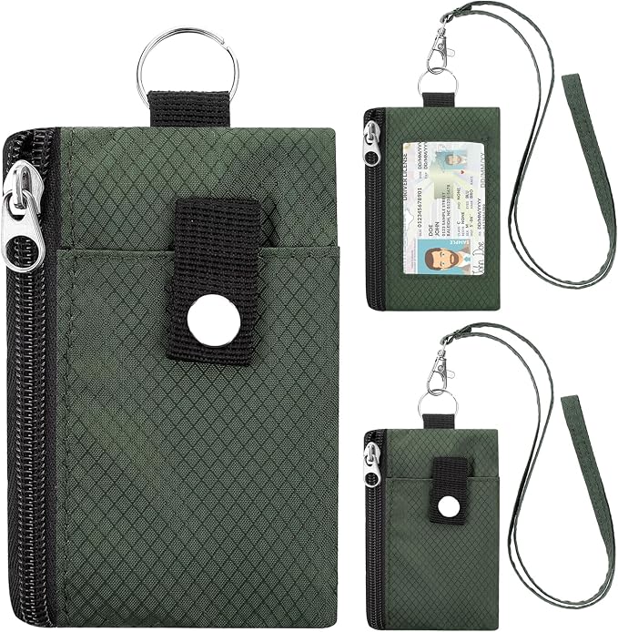 Minimalist RFID Blocking Wallet with 2 Zip Pockets and Lanyard, Water Resistant ID Case with Key Ring and Cards Badge Holder, Coin Purse Pouch for Men and Women Travel Sports -GREEN by Unknown