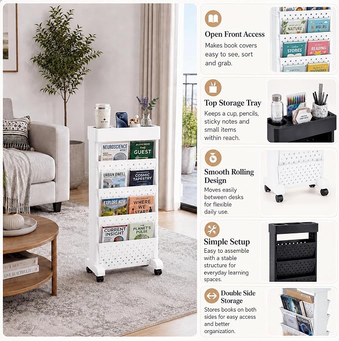 BYFU 5-Tier Movable Bookshelf Cart, 26.0" H, White | Rolling Wheels, File Paper Storage Organizer, Mobile Bookcase, For Home Office Study Classroom - Image 5