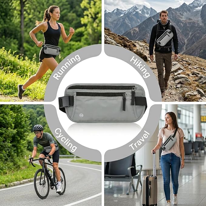 RFID Blocking Money Belt for Travel, Hidden Anti Theft Waist Pouch with RFID Protection, Slim Passport Holder Fanny Pack for Cash, Credit Cards, Phone & Travel Essentials (LightGrey) - Image 6