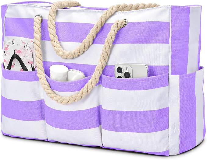Becokan Beach Bags for Women Canvas Large Beach Tote Bag Zipper Waterproof Sandproof Foldable Swim Pool Bag with 7 Pockets by BecokanBeachBagSpecialist