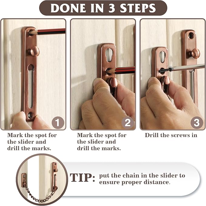 Alise Door Chain Lock,Door Security Chain Lock for Inside Door,Red Bronze | Stainless Steel,Door Chain Lock Guard with Spring Anti-Theft Press Button,Door Lock Latch for Front Door - Image 6