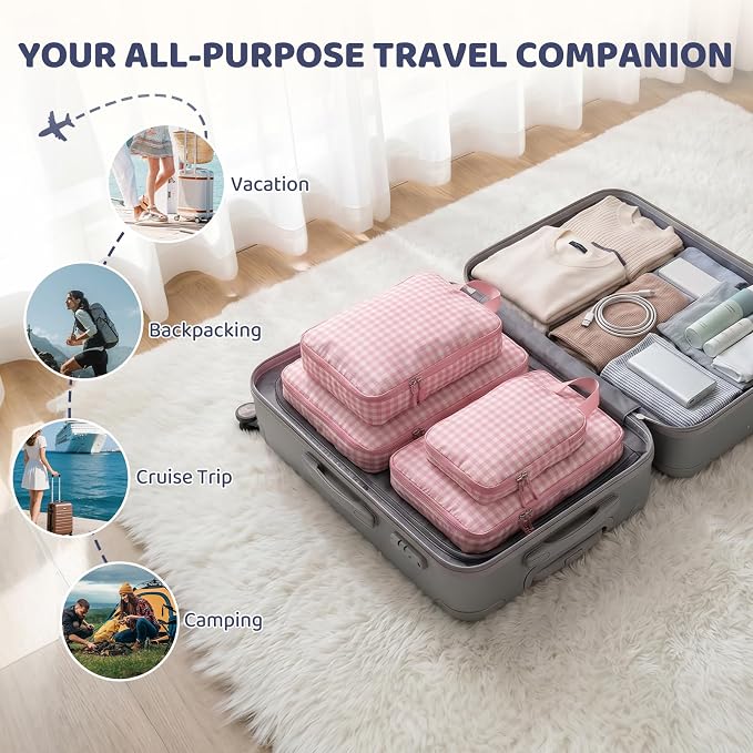 4 Set Expandable Compression Packing Cubes for 3–7 Day Travel, Solid & Plaid Fabric Travel Organizers, Double-Zipper Storage Bags for Carry-On & Suitcases(4set-Pink Gingham) - Image 4