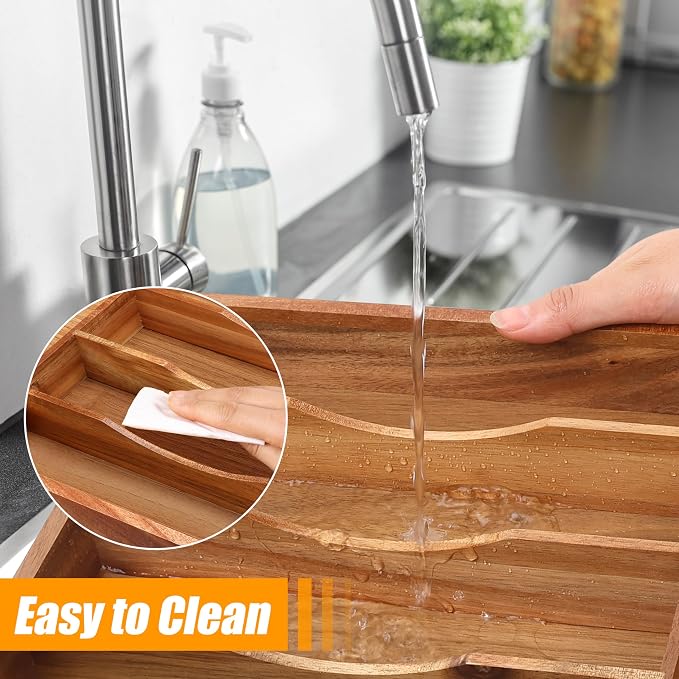 Bellsal Bamboo Silverware Organizer, 12"x15.7" Utensil Holder Cutlery Tray with Grooved Drawer Dividers for Kitchen Flatware, Bedroom, Office (7 Slot, Acacia) - Image 6