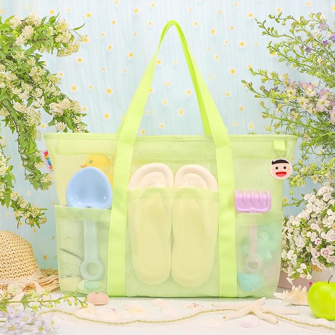 Tagitary Mesh Beach Bag with Zipper Large Beach Tote Waterproof Sandproof with 8 Pockets for Toys Pool Bag Beach Accessories - Image 3
