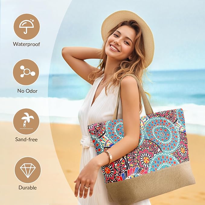 Trifabricy Beach Bags for Women,Waterproof Straw Beach Tote Bag With Zipper | Spacious Storage Capacity, Secure Zipper Closure, Reinforced Carry Handles, Stylish Printed Design For Outdoor Activities - Image 4