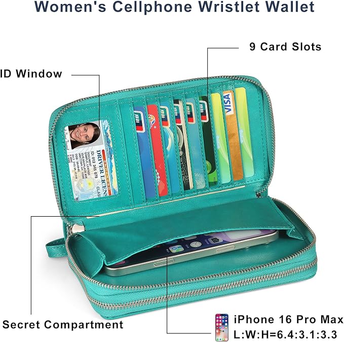 RFID Blocking Cellphone Wristlet Wallet for Women Dual Zipper Large Capacity 17 Card Holder Ladies Phone Clutch Travel Purse with Removable Strap, Turquoise - Image 3