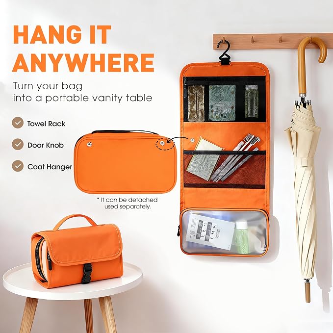 Toncoke Travel Toiletry Bag Set, Hanging Toiletry Bag Premium Faux Leather, Toiletry Bag for Women & Men, Travel Essentials Makeup Bag Water-resistant, Faux Leather Orange - Image 2