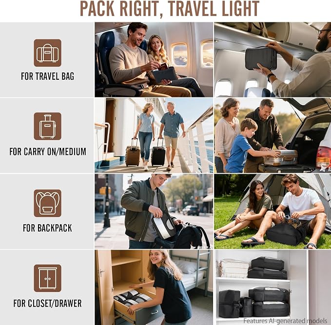 Veken 10 Set/8 Set Packing Cubes for Travel Essentials,Anti-Wrinkle Buckled Suitcase Organizer for Shoe & Toiletry Bag,Carry On Luggage Bag for Airplane & College Dorm Room Accessories,Women Men Gifts - Image 8