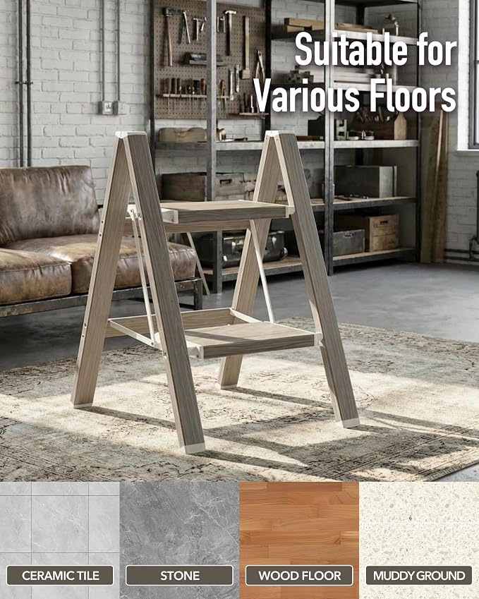 Mayi Plus 2 Step Stool Foldable, Aluminum, Lightweight Step Ladder | Extra-wide anti-slip folding steps with 330 lbs, for home,kitchen,office,outdoor,Fir woodgrain - Image 8