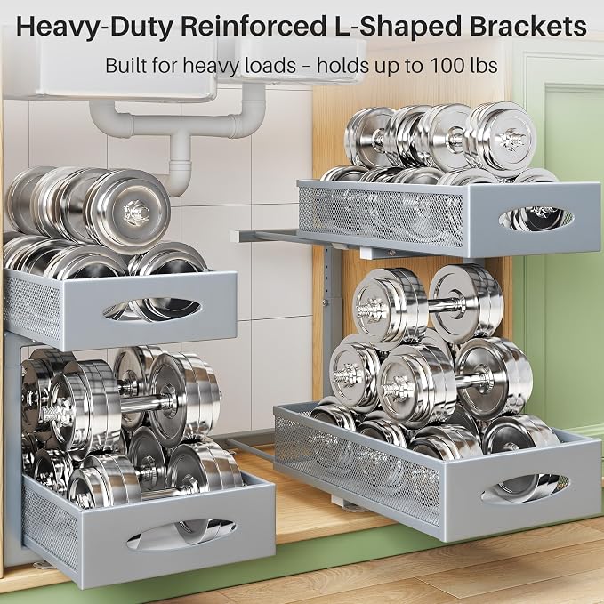 2 Pack Under Sink Organizer, 2 Tier Pull out Cabinet Organizer Mesh Baskets with 5 Adjustable Heights, Sliding Drawers Storage Shelf for Home, Kitchen, Bathroom, Pantry, Office, Countertop ,Grey - Image 5