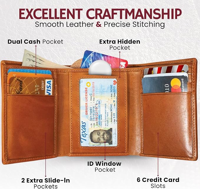 BULL GUARD Trifold Wallet with RFID For Men, Genuine Real Leather - Top Grain Cowhide Tan, Durable & Compact Tri-Fold Design with Strong Stitching for Comfortable Pocket Fit, Secure Everyday Carry - Image 2