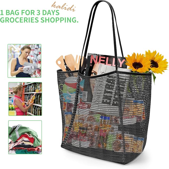 KALIDI Beach Mesh Tote Bag, Casual MAX 23L Summer Foldable Hobo Bag Women | Sandproof Widen Strap Large Shoulder Bag For Lake Pool Vacation Travel Picnic Grocery Market Shopping Carrier - Image 4