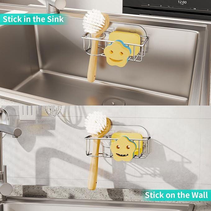 HapiRm Sink Caddy Sponge Holder - No Drill Kitchen Sink Organzier with Smiley Face Sponge Holder, Rustproof and Waterproof Kitchen Organizer - Silver - Image 4