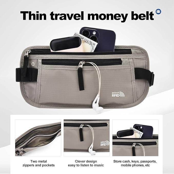 Unisex Money Belt with RFID Blocking Sleeves, Slim Passport Holder RFID Blocking Travel Essentials, Waist Pouch to Protect Cash, Light Grey & 6 Sleeves - Image 3