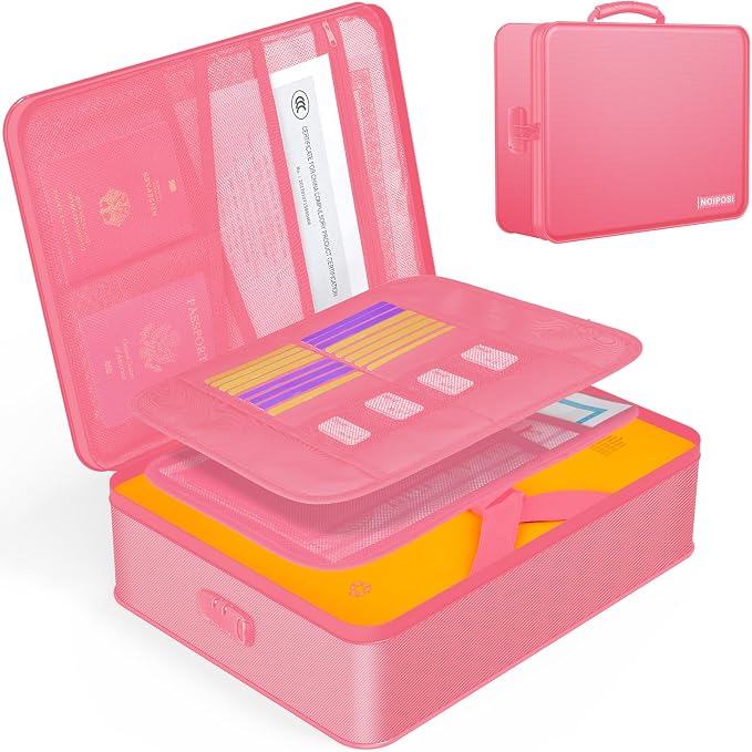 5200℉ Fireproof Document Box with Lock 16.1"x11.4"x4.3"- 8 Layers | Home ,Travel ,Strong, Water Resistant,Safe Storage Document Storage Organizer for Important Documents and File,Pink by Noiposi