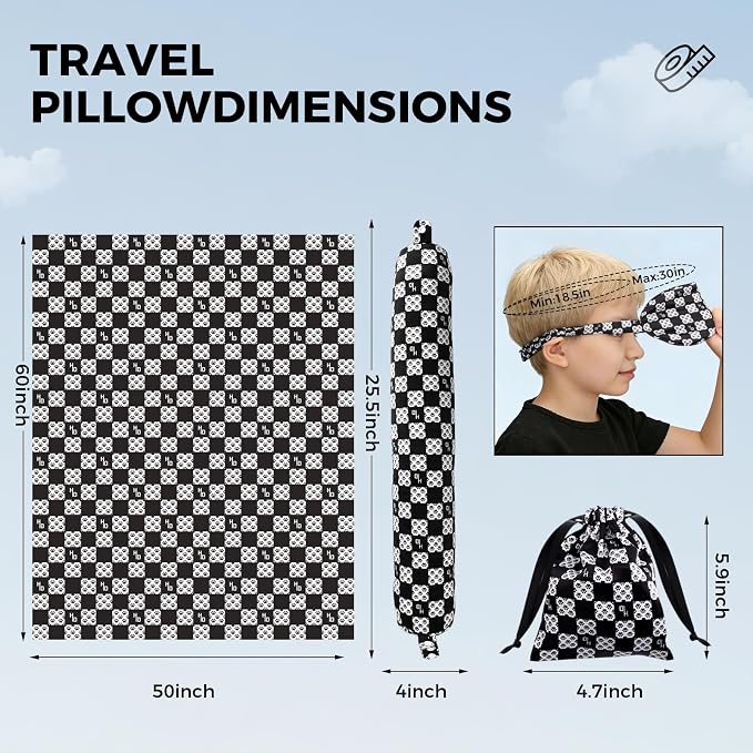 Travel Pillow with Detachable Flannel Blanket & Eye Mask – Plush Velvet Neck Support Pillow for Airplane,Car,Office Rest,Coordinated Digital Print Set (Black Dog Claw Grid, 50in * 60 in) - Image 4