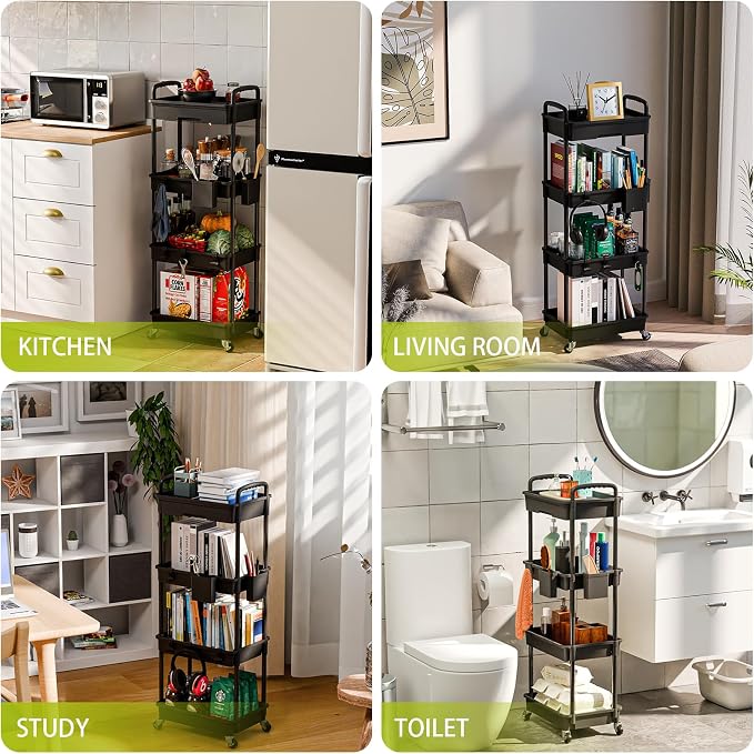 Sorgion 4 Tier Rolling Cart Organizer,Art Craft Diaper Bedside Snack Laundry Room Bathroom Organizer Narrow Thin Slim Rolling Trolley Utility Cart with Wheels for Kitchen,Office(Black) - Image 6