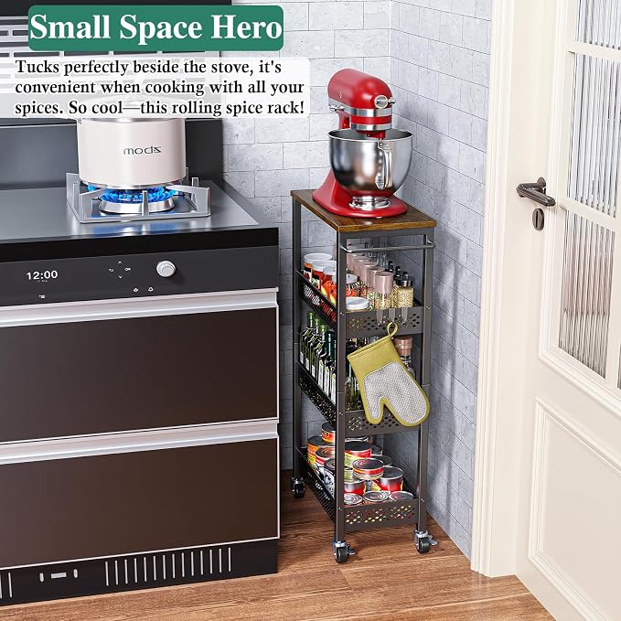 OKZEST 4-Tier Slim Rolling Storage Cart for Bathroom, Laundry Room, Kitchen | Upgraded metal hub casters, Narrow utility cart for small space/gaps, Premium wood top & metal mesh shelf, with handle & hook - Image 3