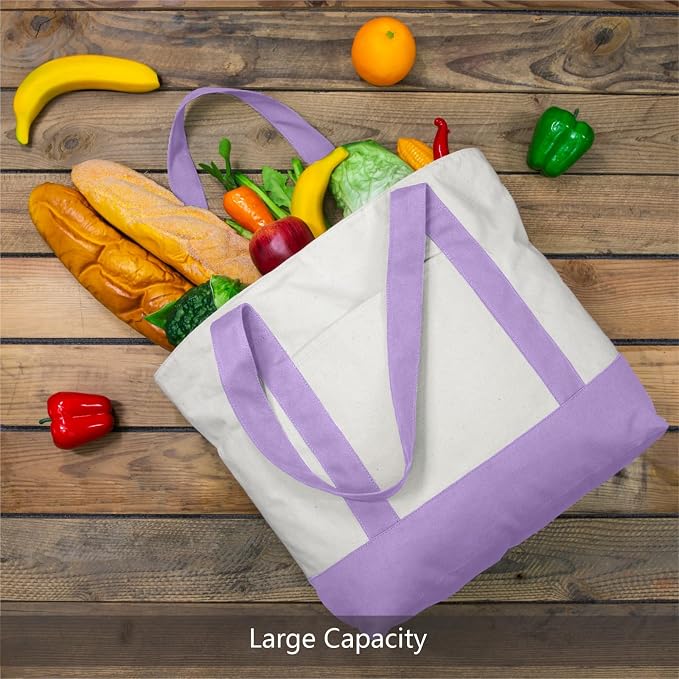 TOPDesign 1-Pack Canvas Tote Bag with an External Pocket, Reusable Grocery Shopping Bag, Top Zipper Closure, Daily Essentials (Lavender/Natural) - Image 4