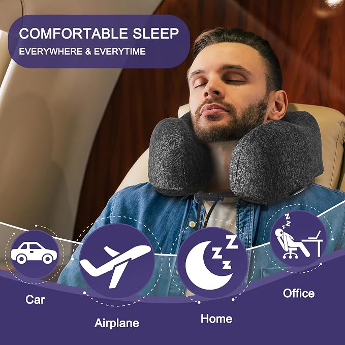 napfun Neck Pillow for Travel, Memory Foam Airplane Pillow, Full Grey | 360° Neck Support, Upgraded 100% Memory Foam for Airplane, Car, Train, Bus, Office Sleep, Travel Essentials for Long Flights - Image 5