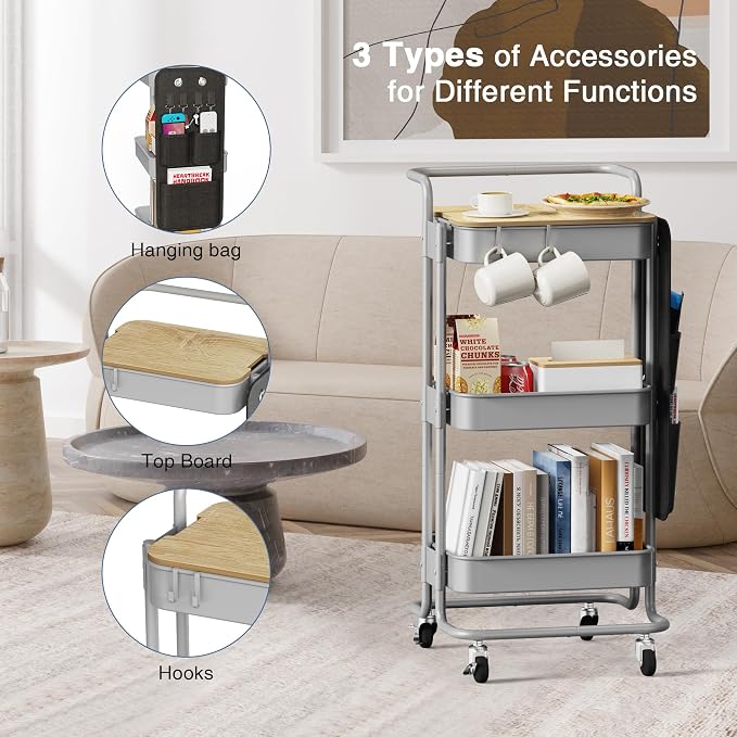 DTK 3-Tier Rolling Cart with Table Top, Metal Utility Cart with Side Bags | Tray Storage Organizer, Lockable Wheels, 4 Hooks, Art Cart for Kitchen, Bathroom, Office, Craft room, Living room,Grey - Image 5