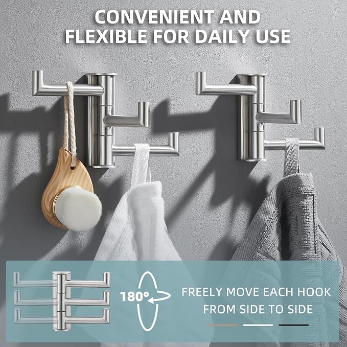 Angle Simple Brushed Nickel Towel Hooks, Swivel Coat Wall Hook, 2 Pack | Robust 304 Stainless Steel, Foldable Robe Towel Holder, Bathroom Kitchen Closet Space Saver for Home Storage, Screws Mounted - Image 6