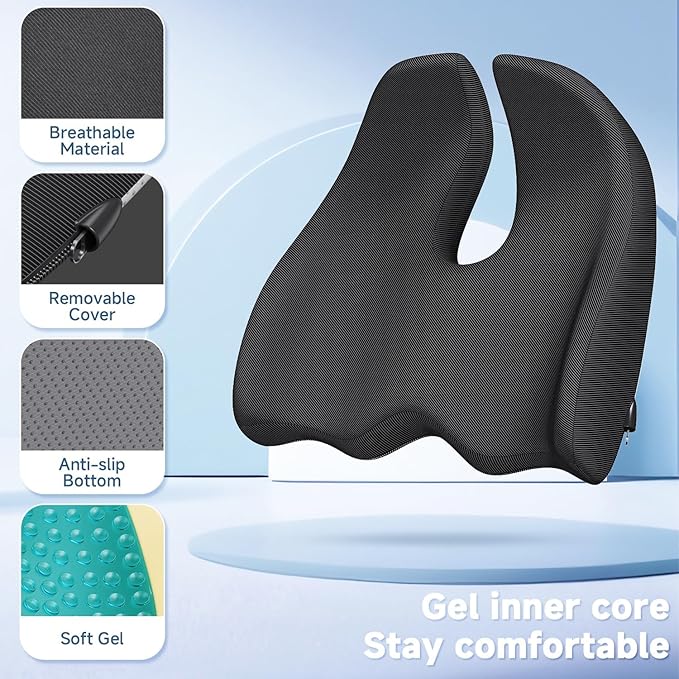 Benazcap Large Cooling Gel Memory Foam Seat Cushion for Long Sitting | Ergonomic cushion. Relieves sciatica, tailbone & lower back pain, great for office work, gaming and long-distance car travel. - Image 3