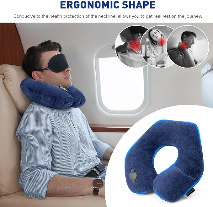 Rewondah Neck Pillows for Travel, Inflatable Travel Pillow, Inflatable Neck Pillow for Traveling Airplane with Soft Velour Washable Cover, U Shape Blow Up Neck Pillow for Airplanes Train Car Travel - Image 2