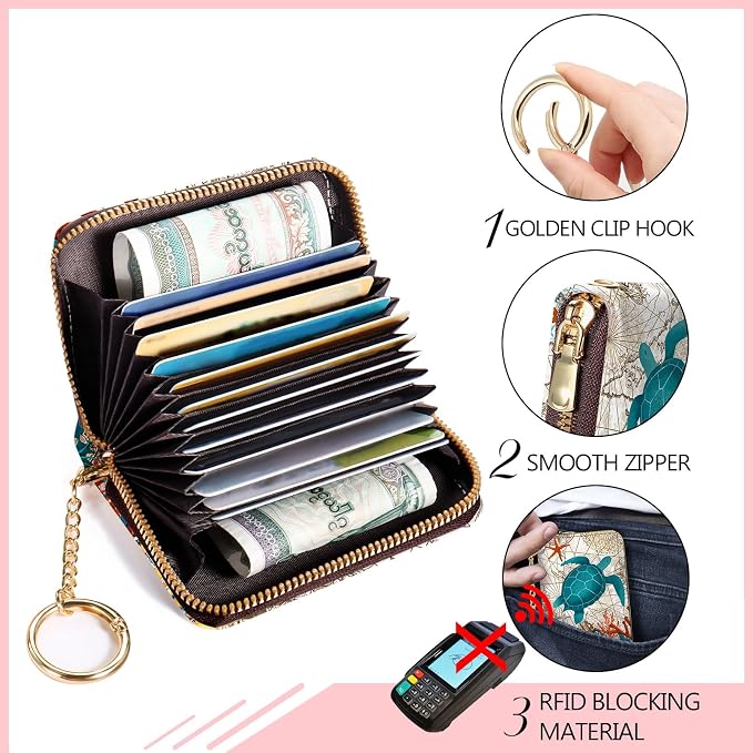 Blusabaca RFID Credit Card Holder Small Women Travel Wallet, Sea Turtle | Removable Keychain, Case with Zipper, Vegan PU Leather, Cash Coin Pocket, Business Accordion Purse, Ladies Female Gift - Image 6