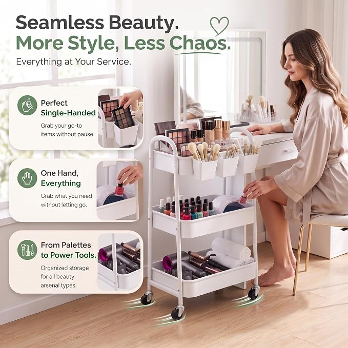Heavy Duty 3 Tier Rolling Cart Metal with Wheels, White Three Tiered Shelf | Utility Roller Storage Carts Organizer on Wheels for Art, Craft,Baby Nursery, Diaper Caddy,Postpartum,Bedside,Cleaning Supply - Image 4