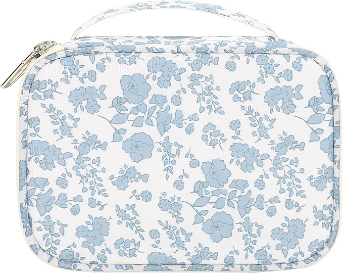 Relavel Travel Makeup Bag, Mini Floral Cosmetic Bag with 2 Layers | Portable Makeup Pouch for Women with 2 Makeup Brush Holders, Cute Toiletry Bag with Handle for Necessaries, Blue Flower - Image 8